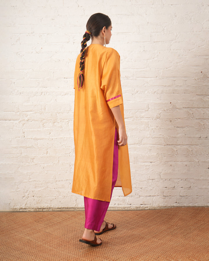 Rust Silk Chanderi Kurta with Pink Bead Embroidered Yoke