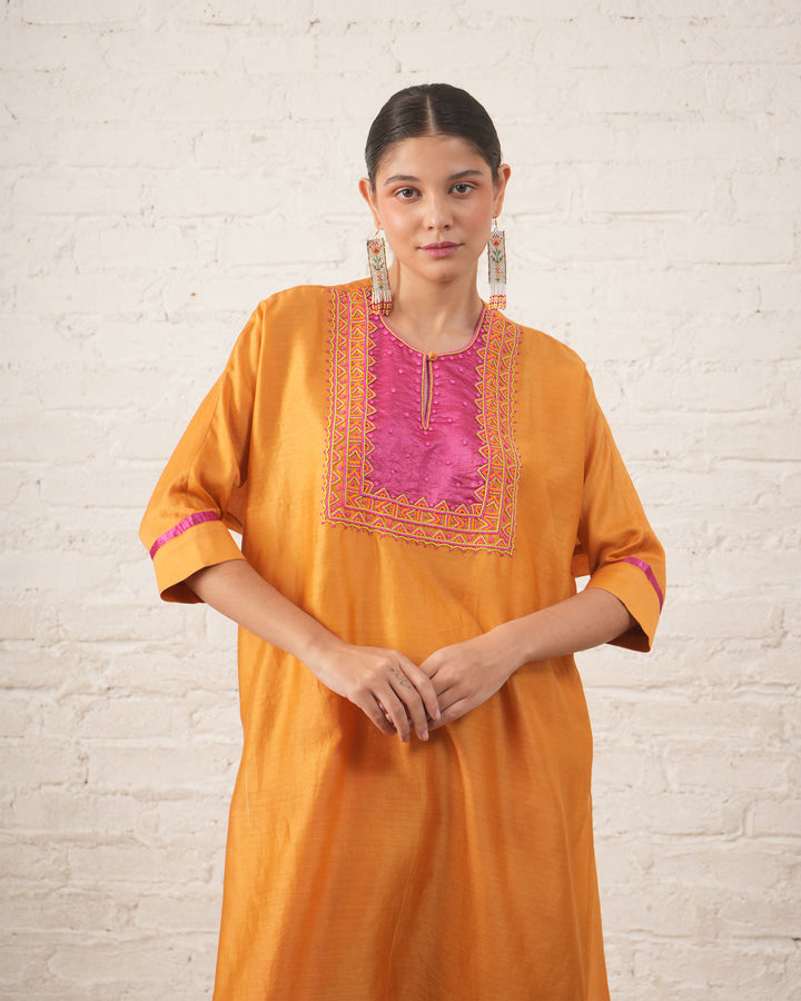 Rust Silk Chanderi Kurta with Pink Bead Embroidered Yoke