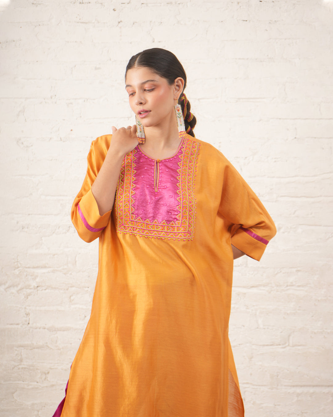 Rust Silk Chanderi Kurta with Pink Bead Embroidered Yoke