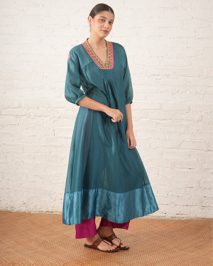 Teal Silk Chanderi V Neck Dress with Hand-Beading Motif