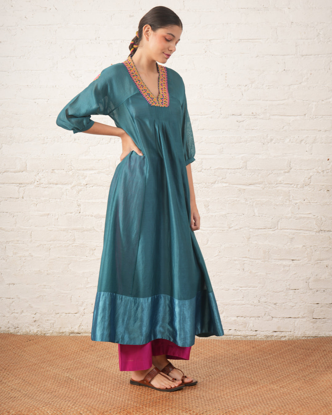 Teal Silk Chanderi V Neck Dress with Hand-Beading Motif