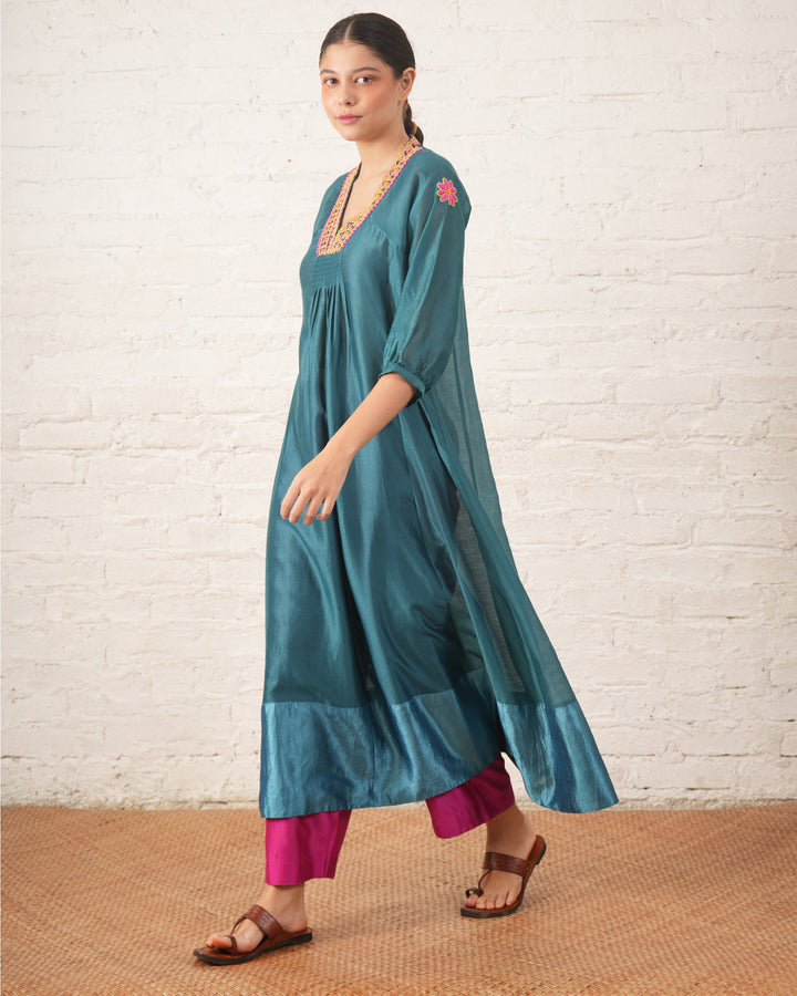Teal Silk Chanderi V Neck Dress with Hand-Beading Motif