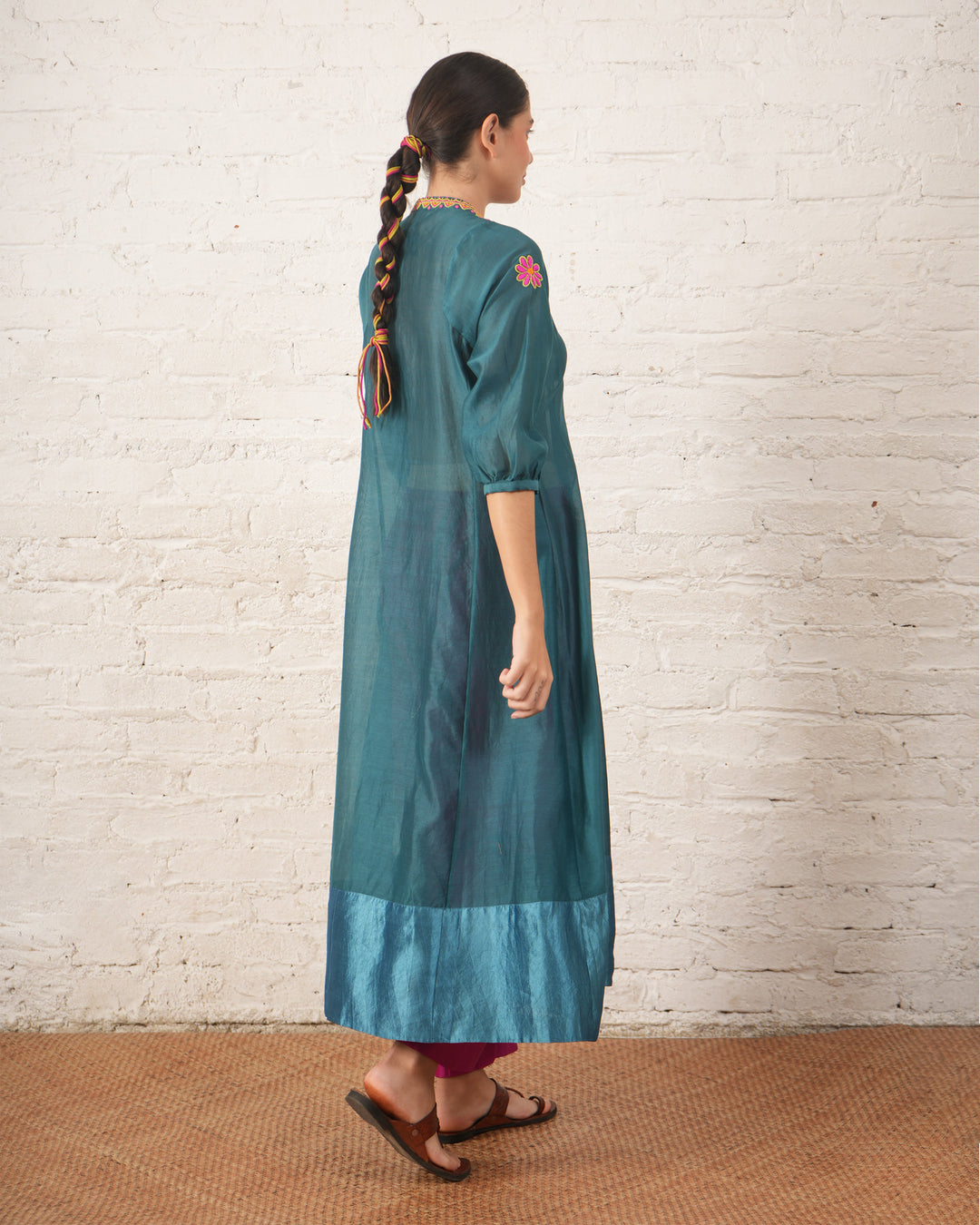 Teal Silk Chanderi V Neck Dress with Hand-Beading Motif