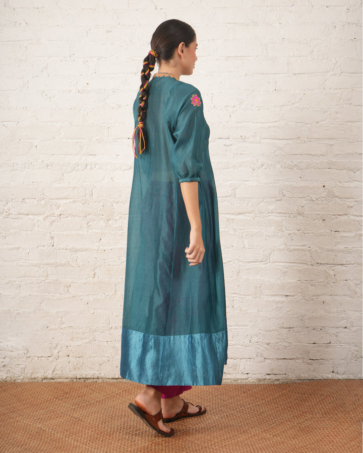 Teal Silk Chanderi V Neck Dress with Hand-Beading Motif