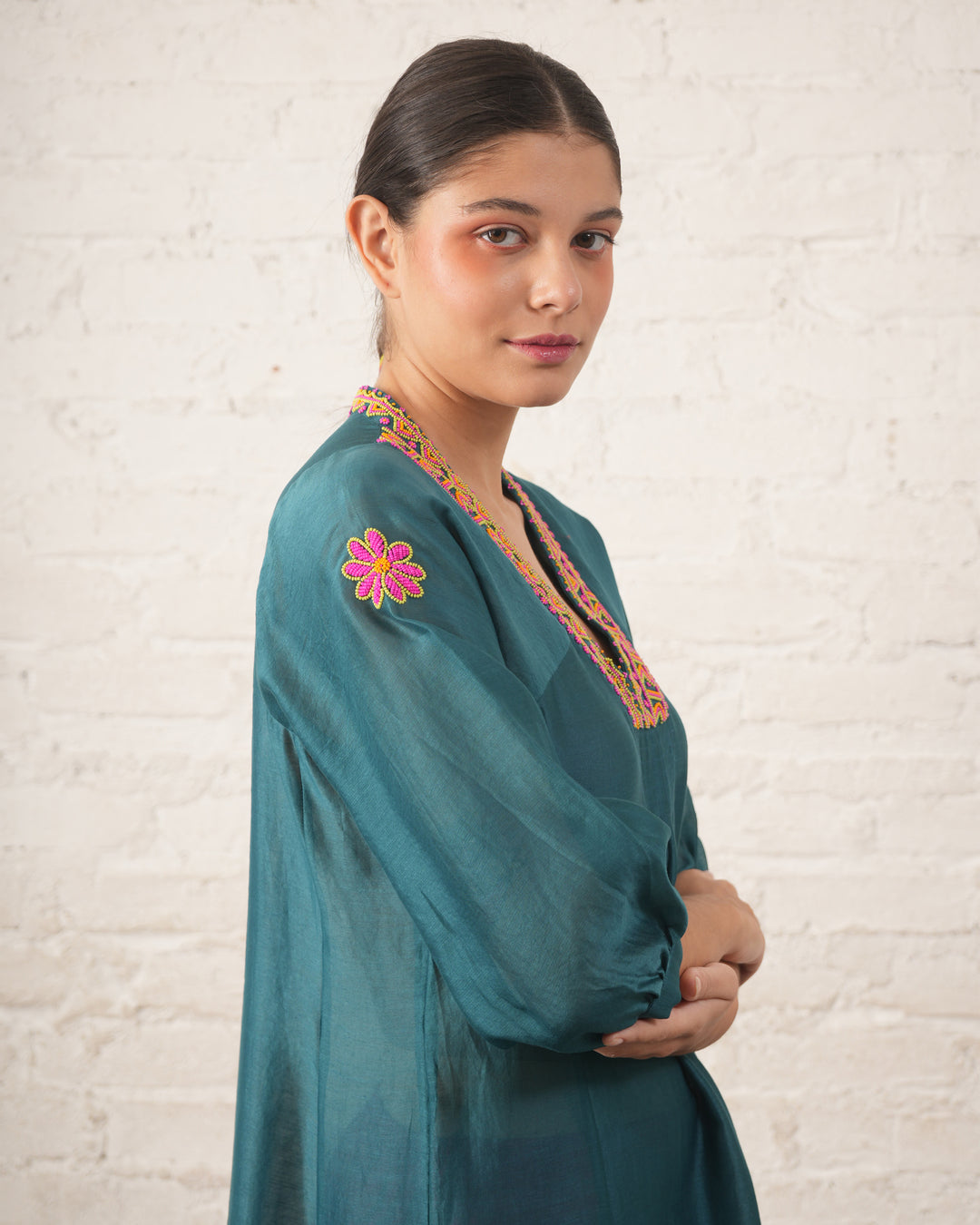 Teal Silk Chanderi V Neck Dress with Hand-Beading Motif