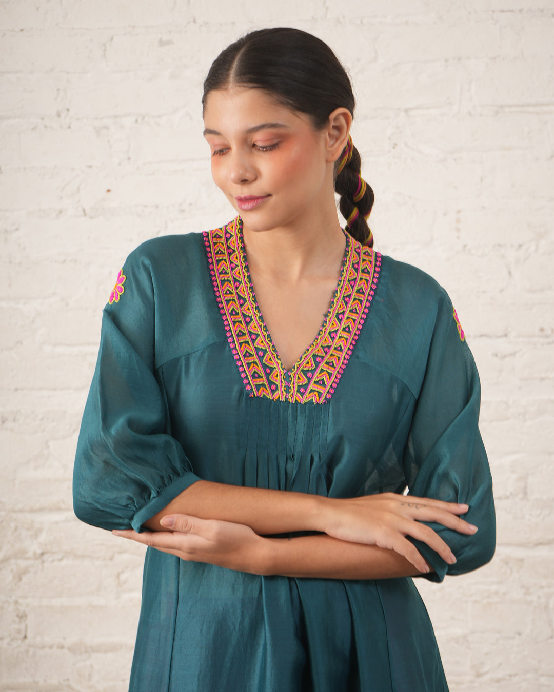 Teal Silk Chanderi V Neck Dress with Hand-Beading Motif