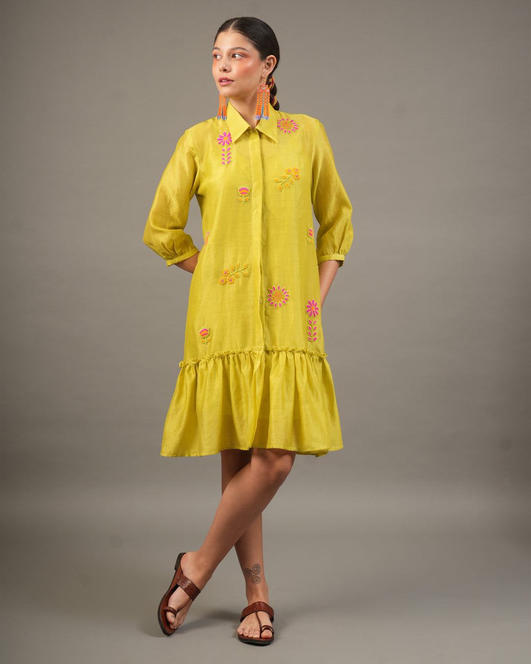 Lime Silk Chanderi Short Dress with Bead Embroidered Florals