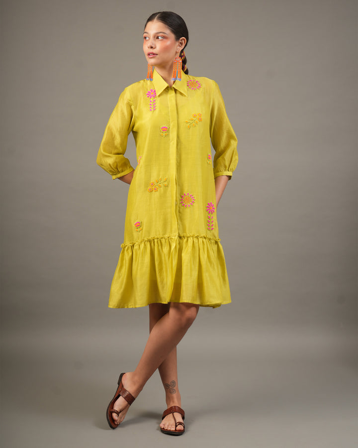 Lime Silk Chanderi Short Dress with Bead Embroidered Florals