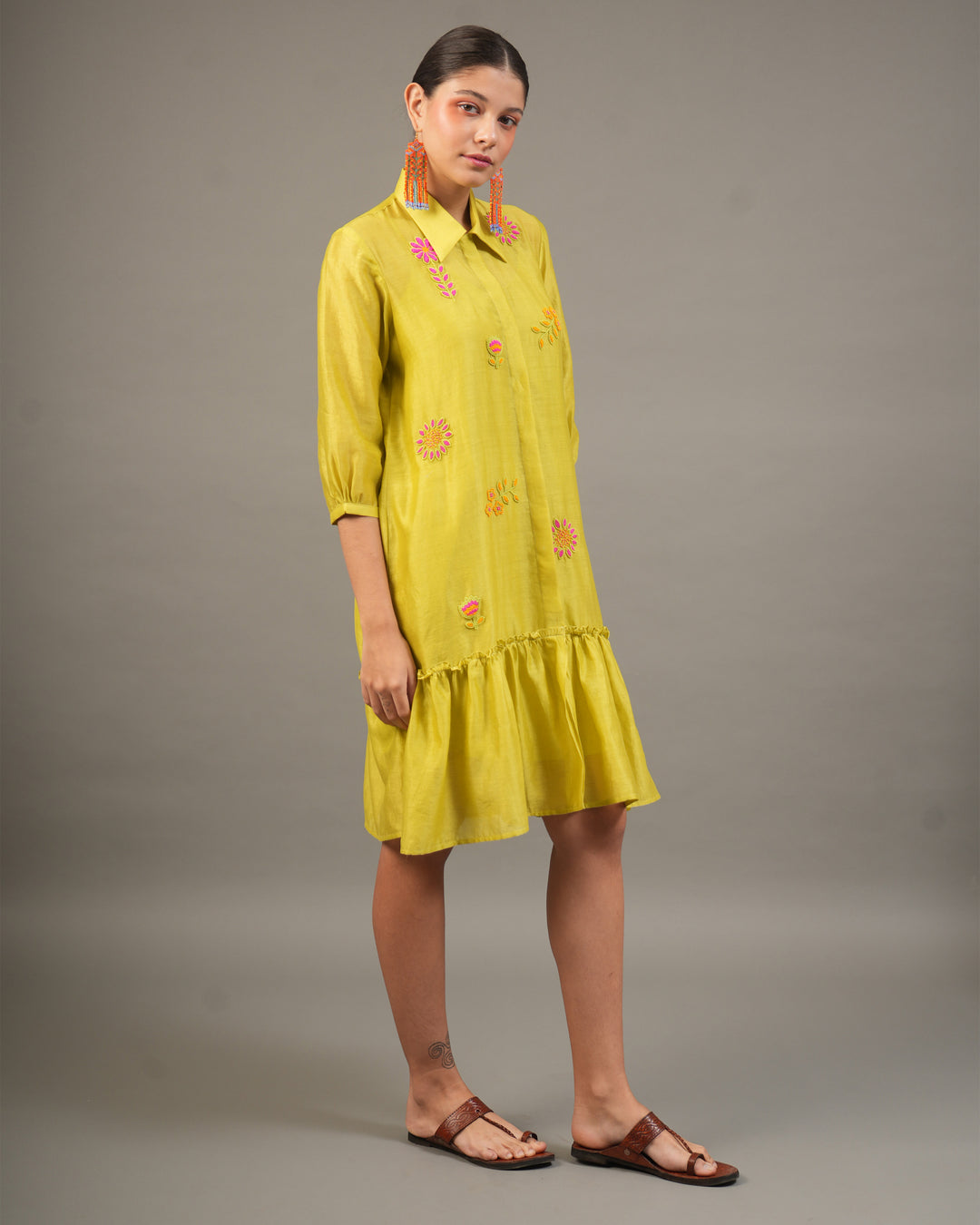 Lime Silk Chanderi Short Dress with Bead Embroidered Florals