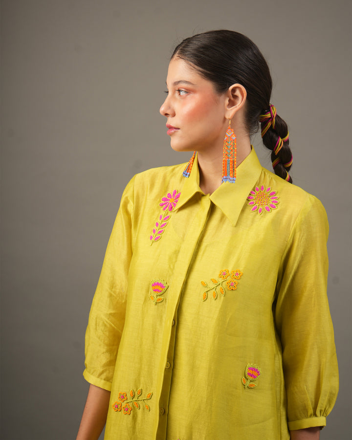 Lime Silk Chanderi Short Dress with Bead Embroidered Florals