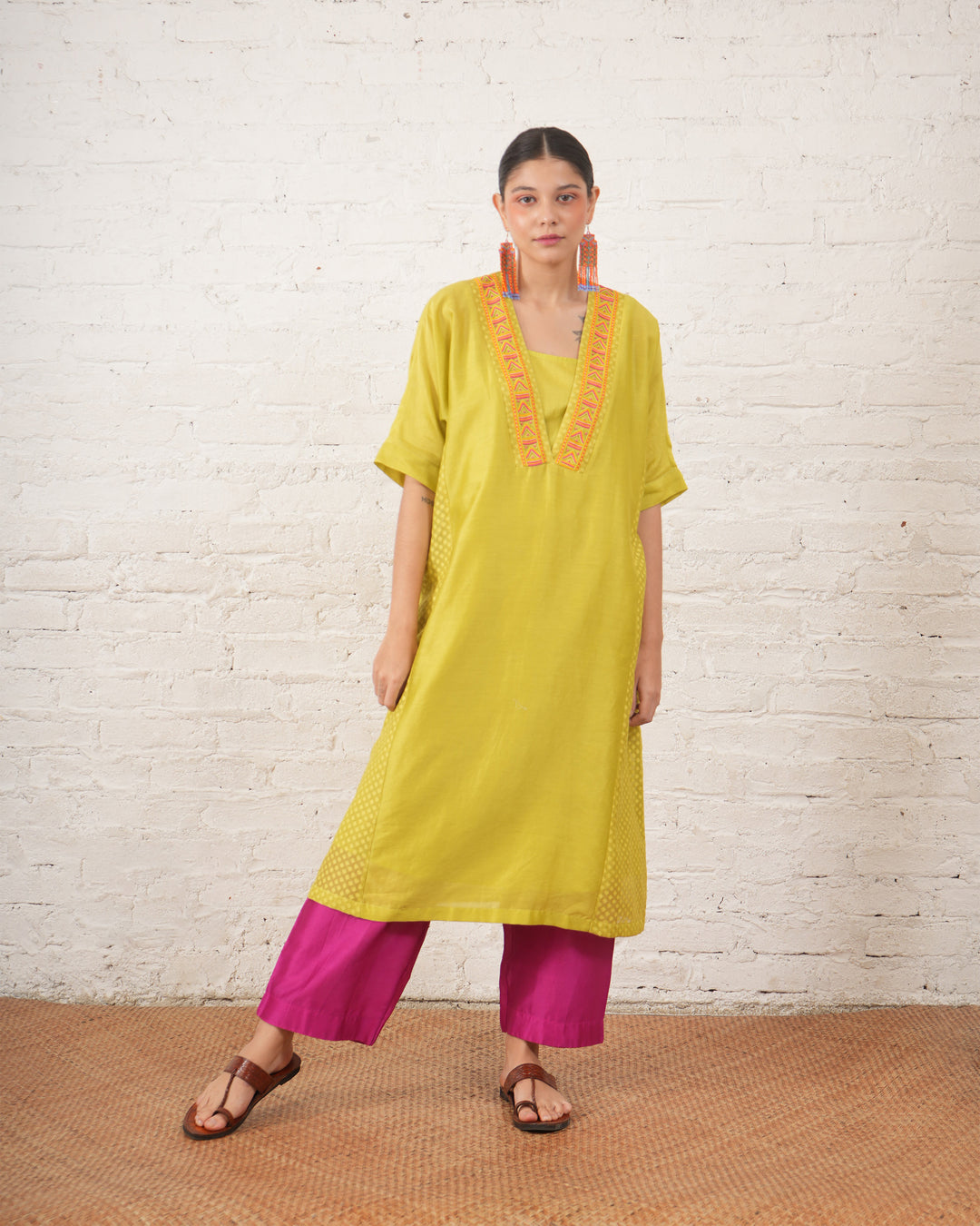 Lime Silk Chanderi Kurta with Fuschia Pants