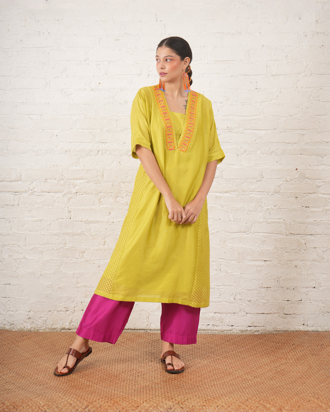 Lime Silk Chanderi Kurta with Fuschia Pants