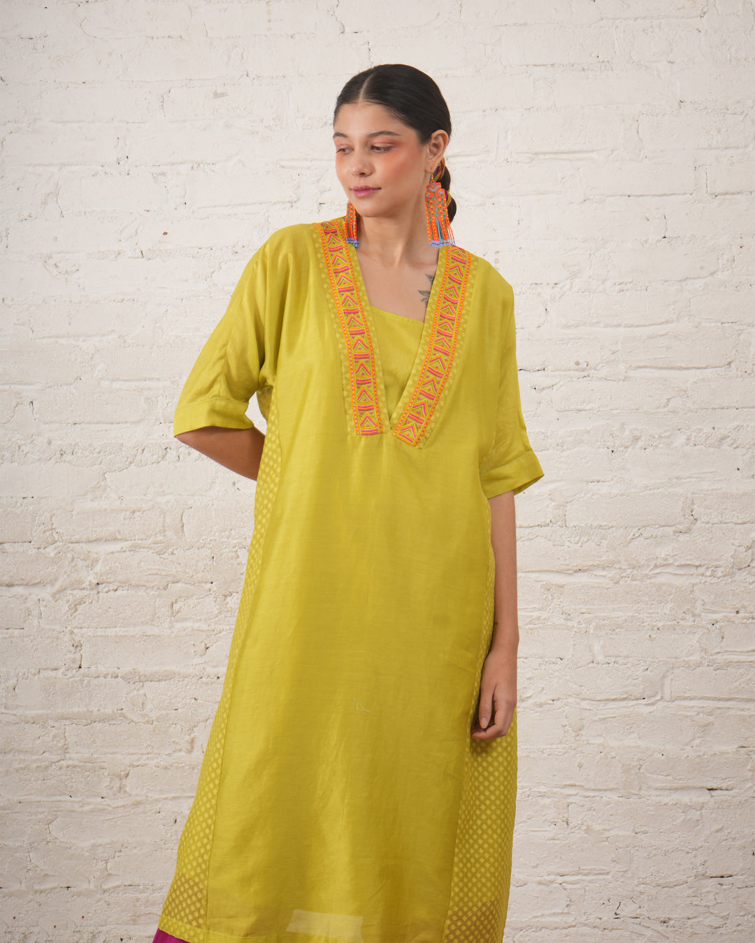 Lime Silk Chanderi Kurta with Fuschia Pants
