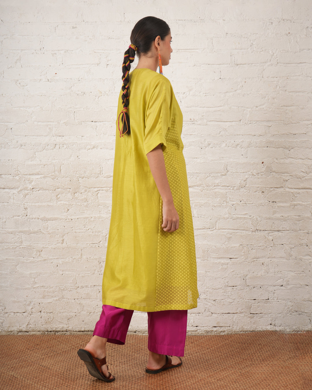 Lime Silk Chanderi Kurta with Fuschia Pants