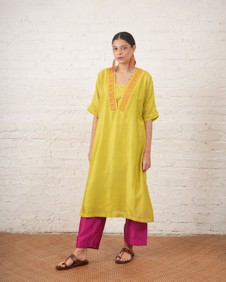Lime Silk Chanderi Kurta with Fuschia Pants