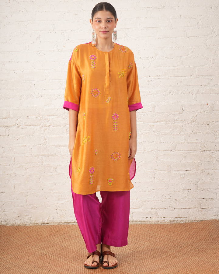 Rust Silk Chanderi Floral Kurta with Fuschia Pants