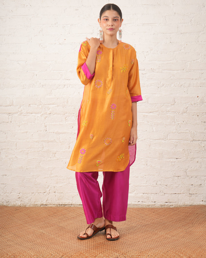 Rust Silk Chanderi Floral Kurta with Fuschia Pants