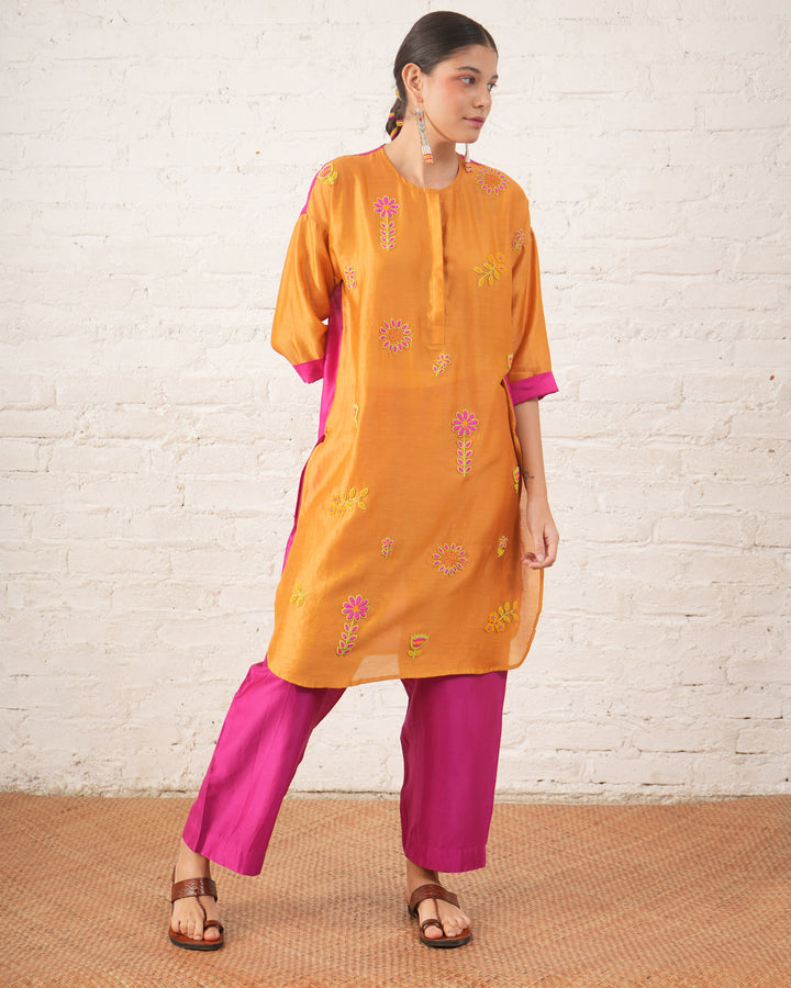 Rust Silk Chanderi Floral Kurta with Fuschia Pants