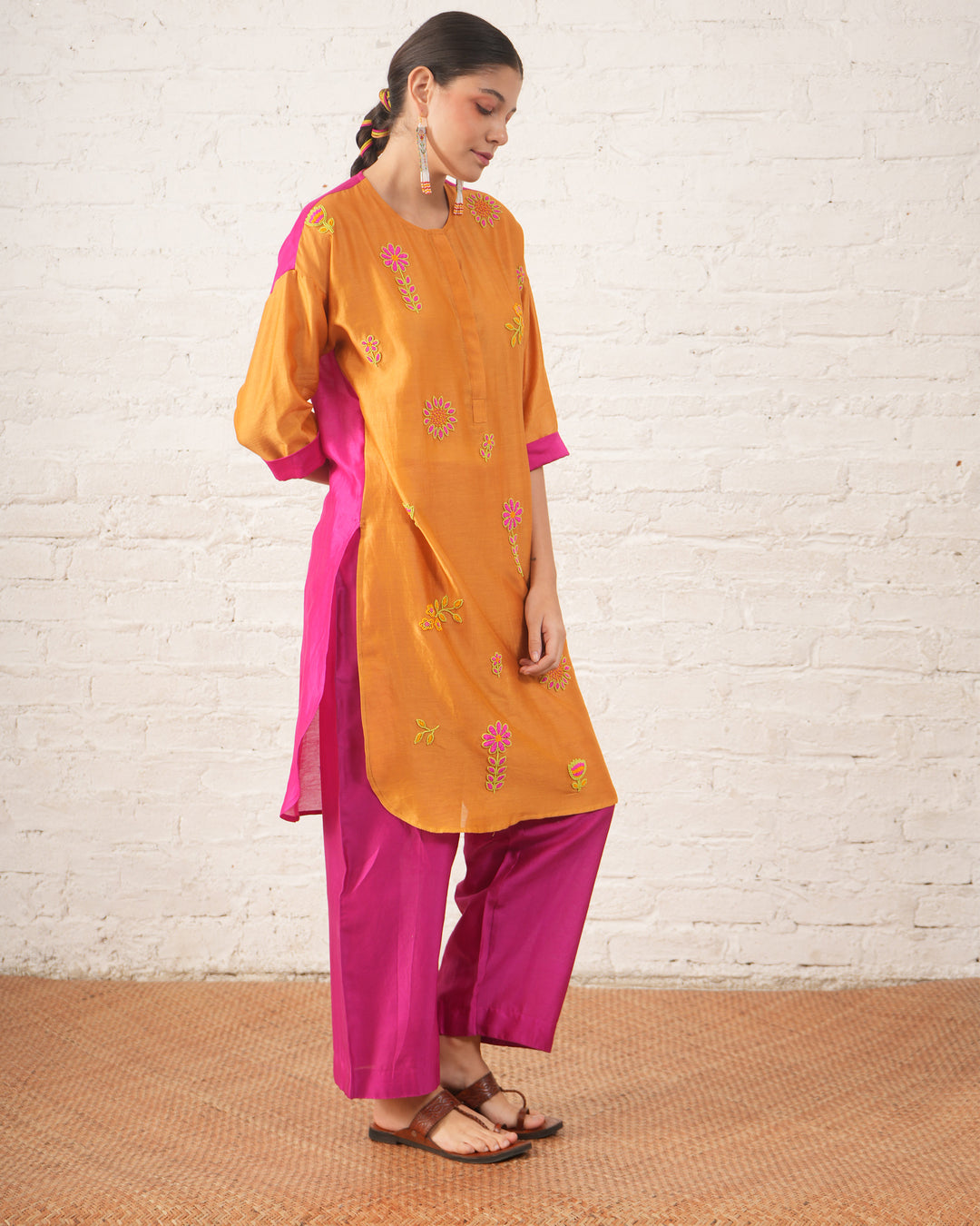 Rust Silk Chanderi Floral Kurta with Fuschia Pants