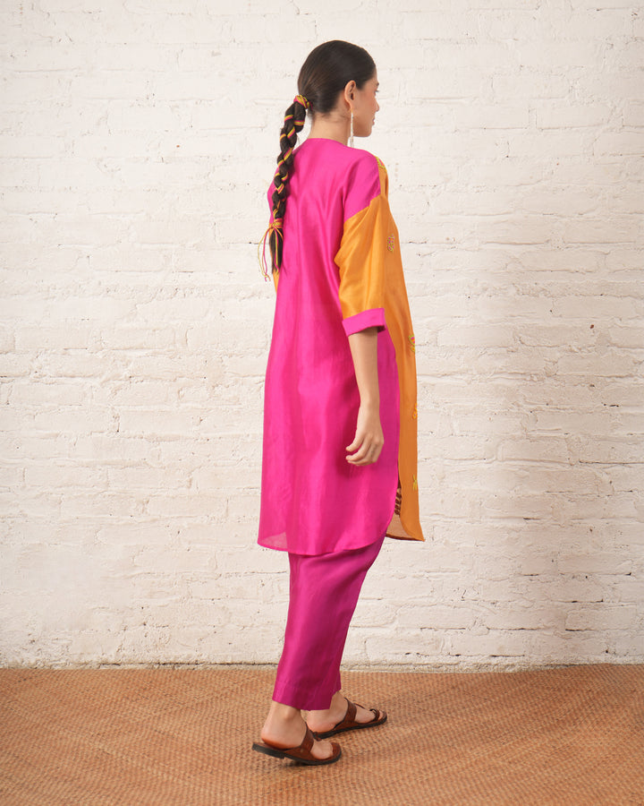 Rust Silk Chanderi Floral Kurta with Fuschia Pants