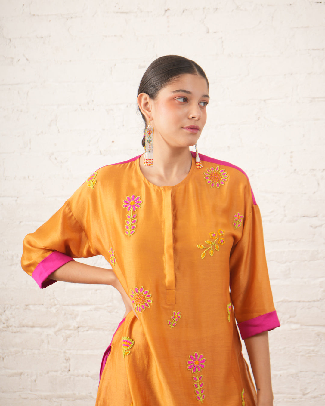 Rust Silk Chanderi Floral Kurta with Fuschia Pants