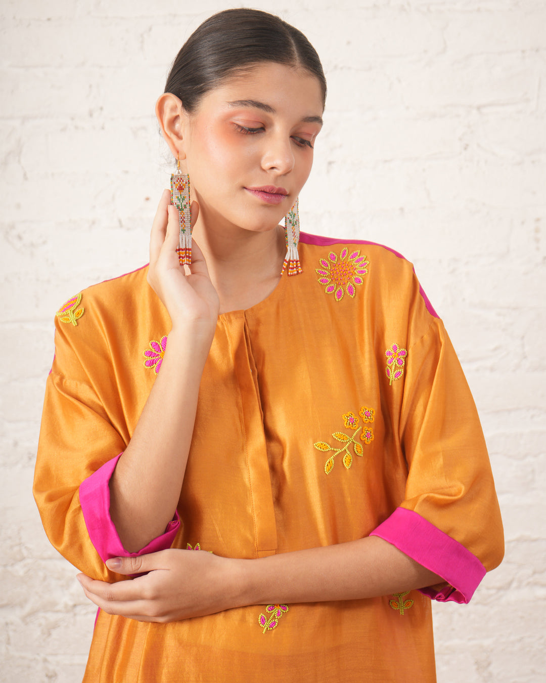Rust Silk Chanderi Floral Kurta with Fuschia Pants