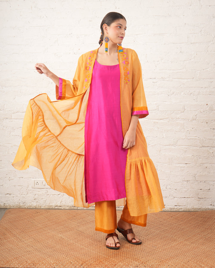 Rust Silk Chanderi Overlay with Fuchsia Inner Set