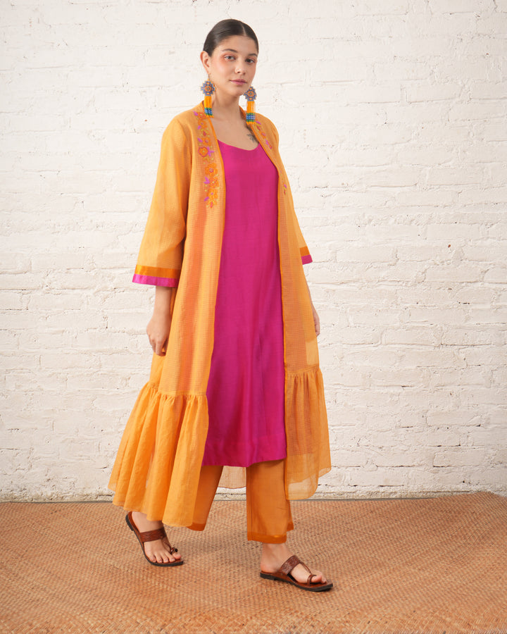Rust Silk Chanderi Overlay with Fuchsia Inner Set