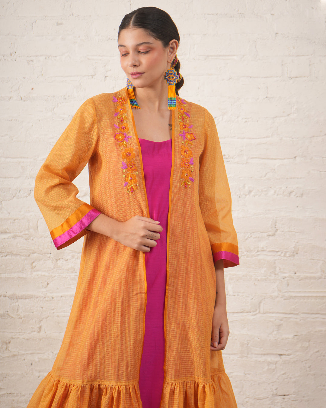 Rust Silk Chanderi Overlay with Fuchsia Inner Set