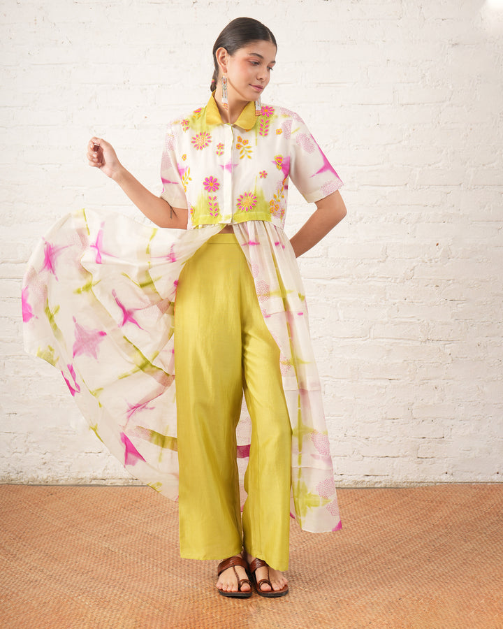 Clamping Silk Chanderi Overlay with Floral Bead Embroidery and Lime Pants