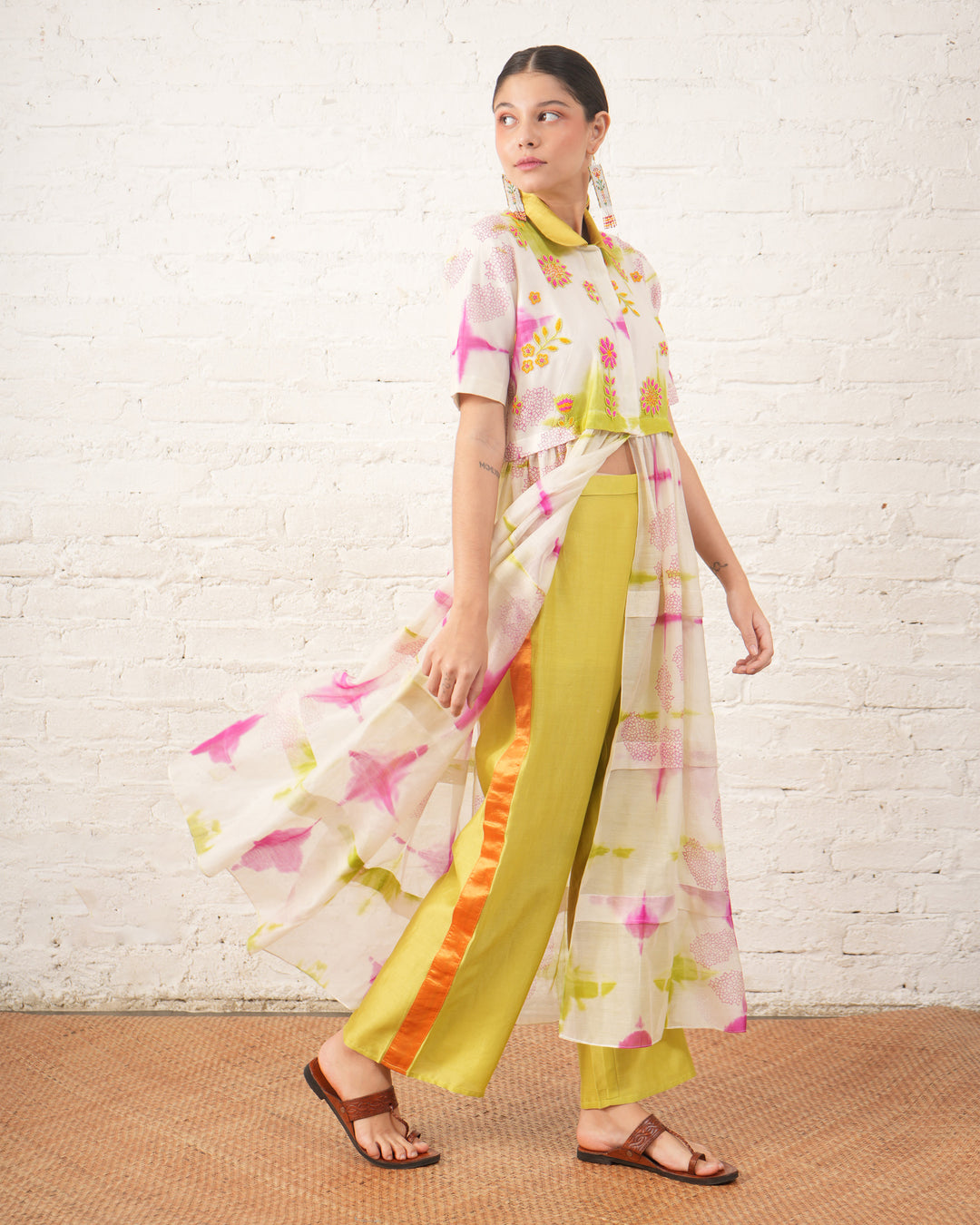 Clamping Silk Chanderi Overlay with Floral Bead Embroidery and Lime Pants