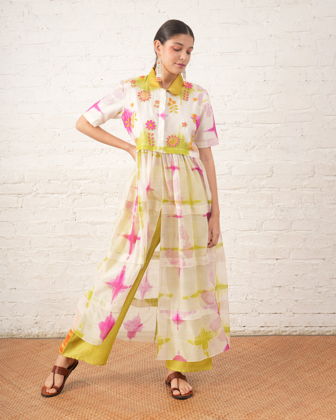 Clamping Silk Chanderi Overlay with Floral Bead Embroidery and Lime Pants
