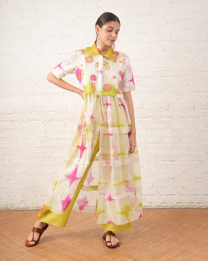 Clamping Silk Chanderi Overlay with Floral Bead Embroidery and Lime Pants