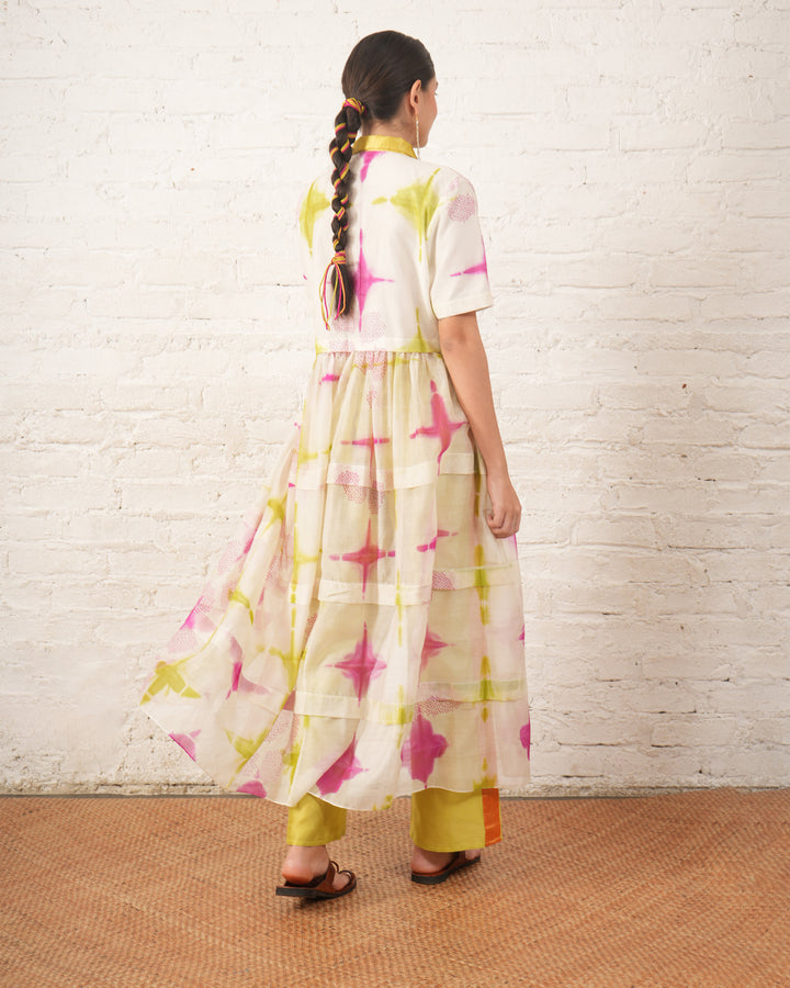 Clamping Silk Chanderi Overlay with Floral Bead Embroidery and Lime Pants