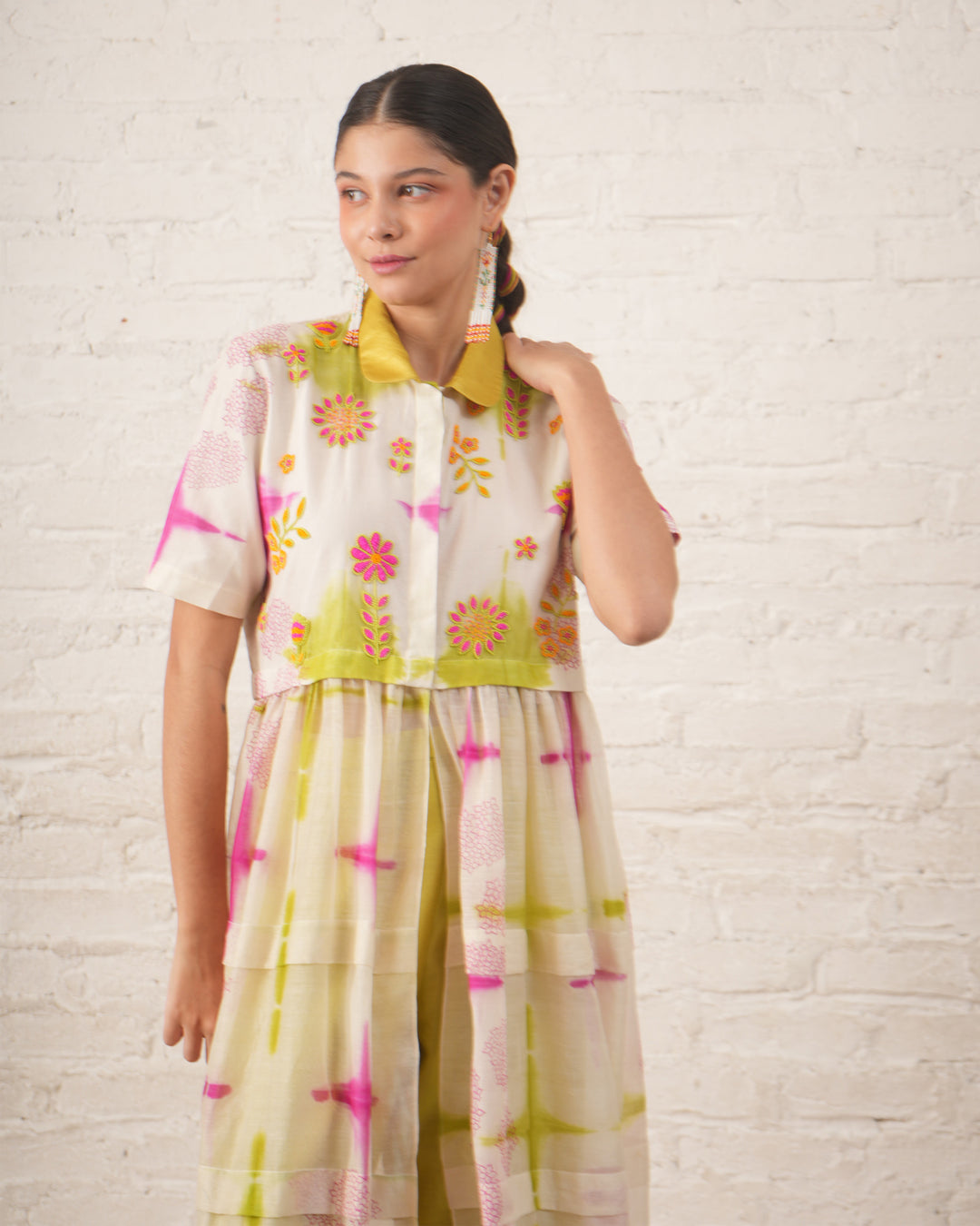 Clamping Silk Chanderi Overlay with Floral Bead Embroidery and Lime Pants