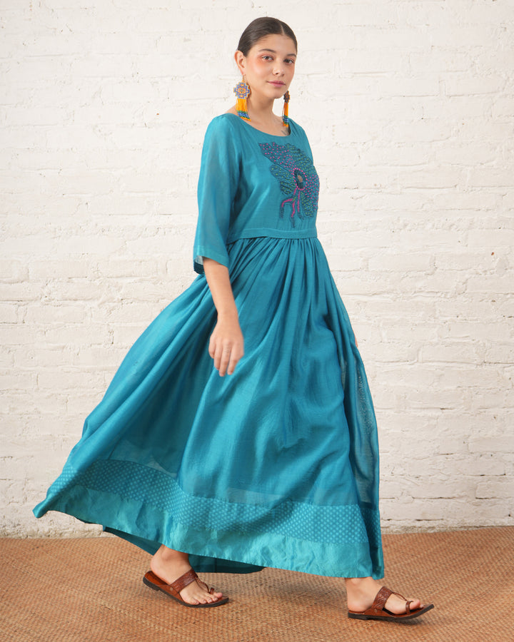 Teal Silk Chanderi Dress with Hand‑Beaded Floral Motif