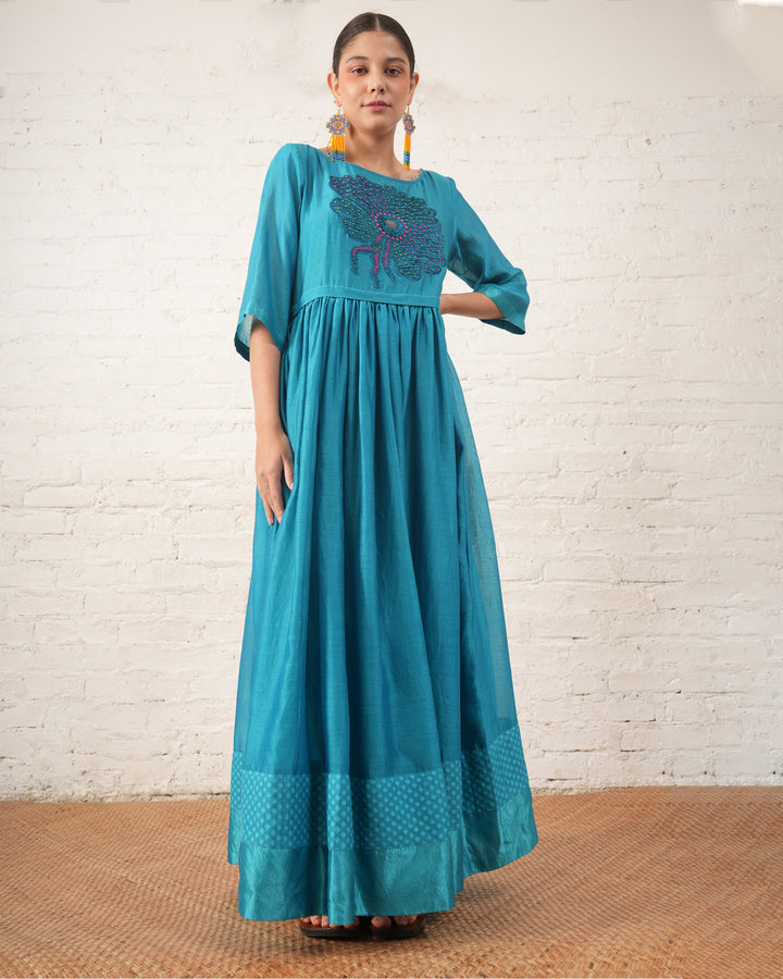 Teal Silk Chanderi Dress with Hand‑Beaded Floral Motif
