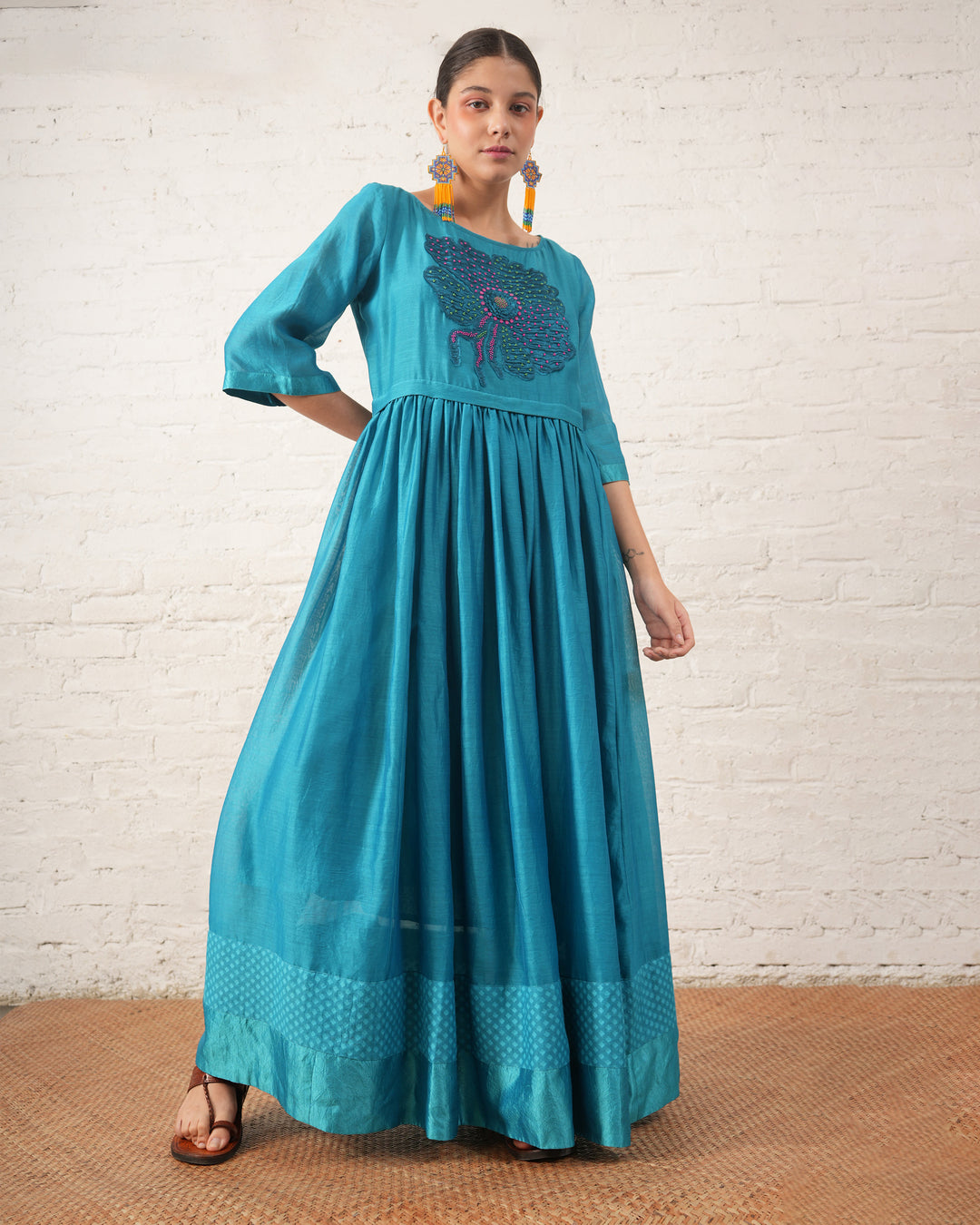 Teal Silk Chanderi Dress with Hand‑Beaded Floral Motif