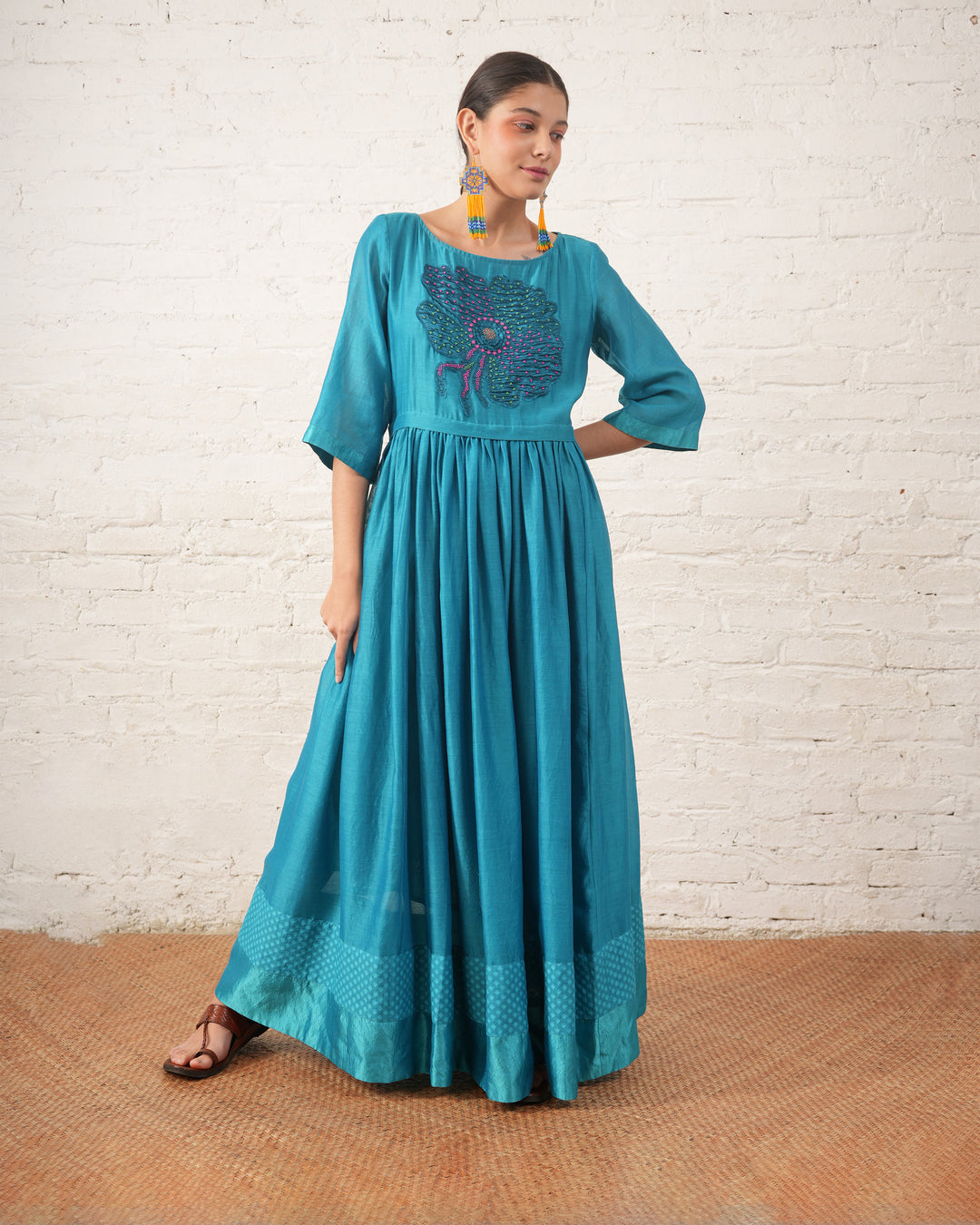 Teal Silk Chanderi Dress with Hand‑Beaded Floral Motif