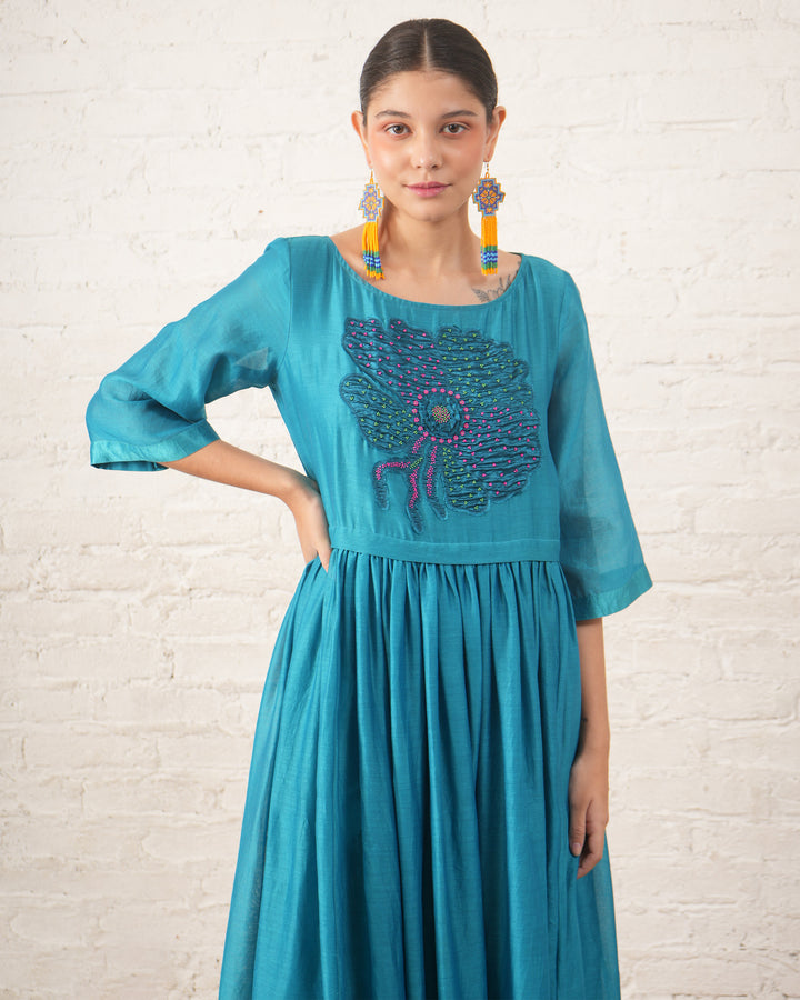 Teal Silk Chanderi Dress with Hand‑Beaded Floral Motif