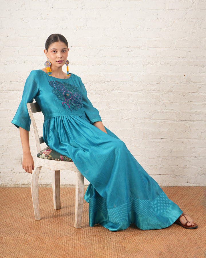 Teal Silk Chanderi Dress with Hand‑Beaded Floral Motif