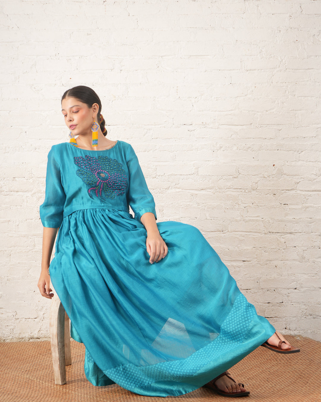 Teal Silk Chanderi Dress with Hand‑Beaded Floral Motif