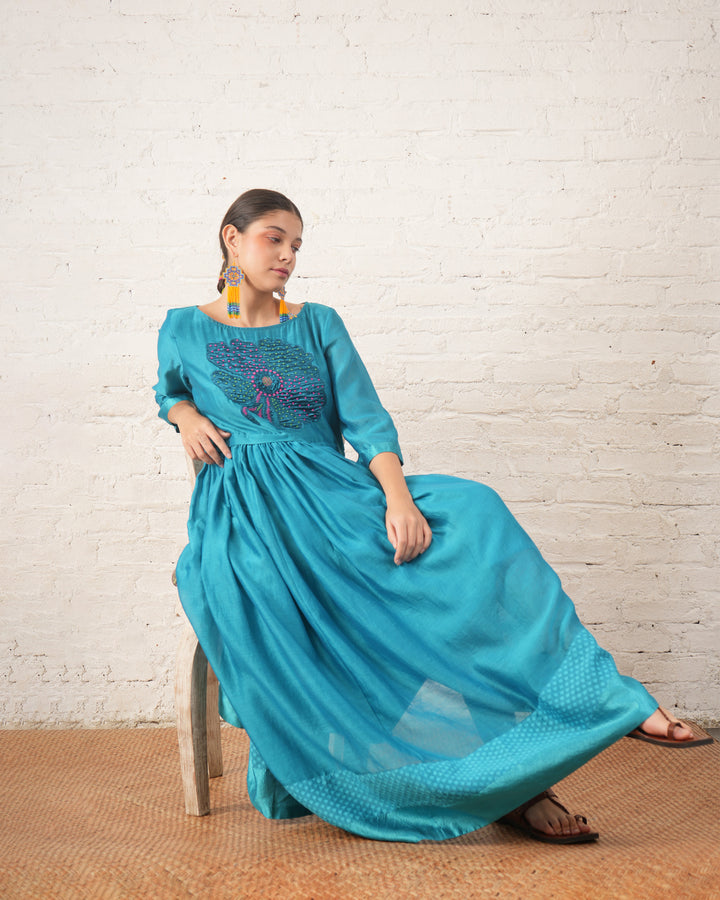 Teal Silk Chanderi Dress with Hand‑Beaded Floral Motif