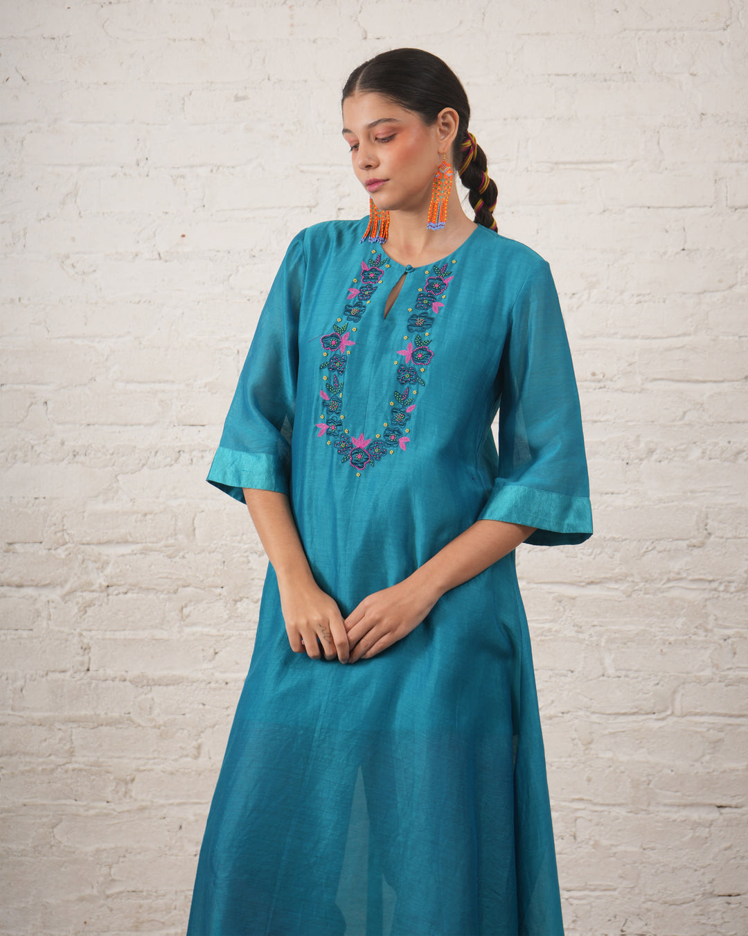 Teal Silk Chanderi Kurta with Floral Embroidery