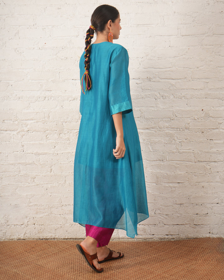 Teal Silk Chanderi Kurta with Floral Embroidery