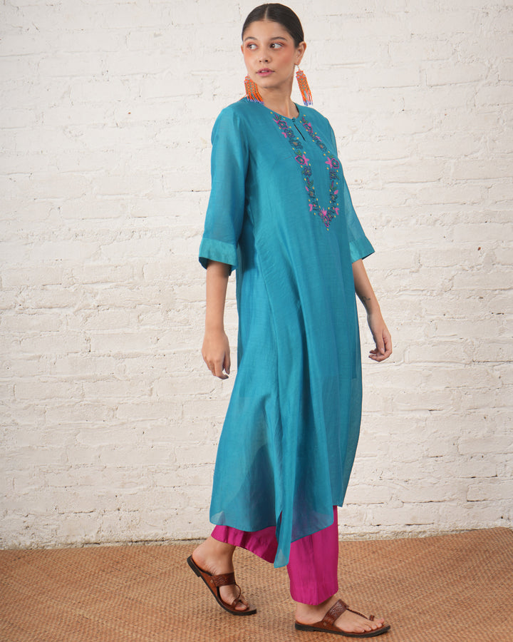 Teal Silk Chanderi Kurta with Floral Embroidery