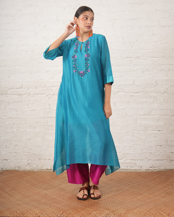 Teal Silk Chanderi Kurta with Floral Embroidery
