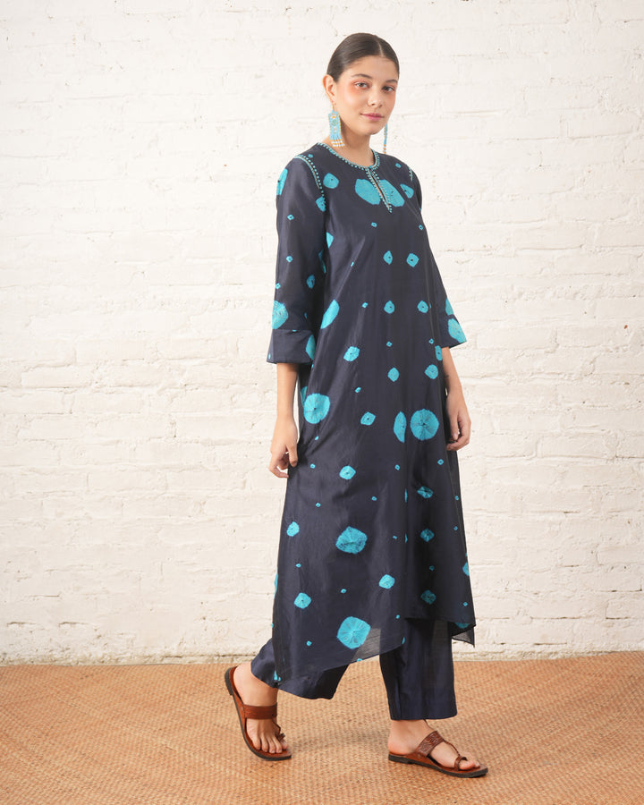 Indigo Silk Chanderi Kurta with Bandhini