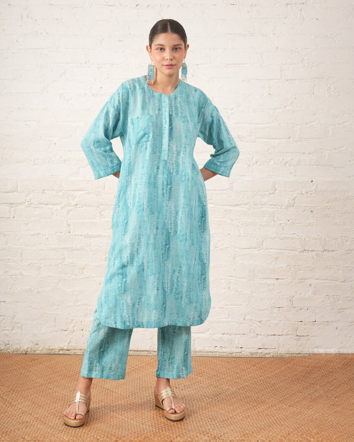 Aqua Cotton Linen Printed Kurta Set