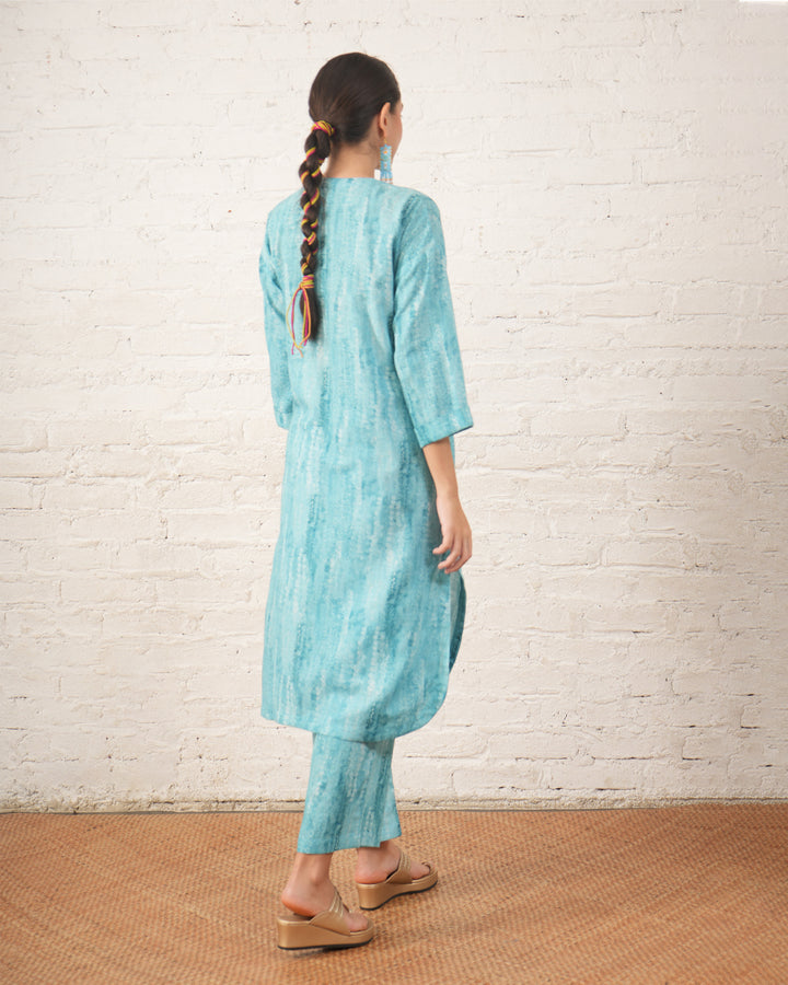 Aqua Cotton Linen Printed Kurta Set